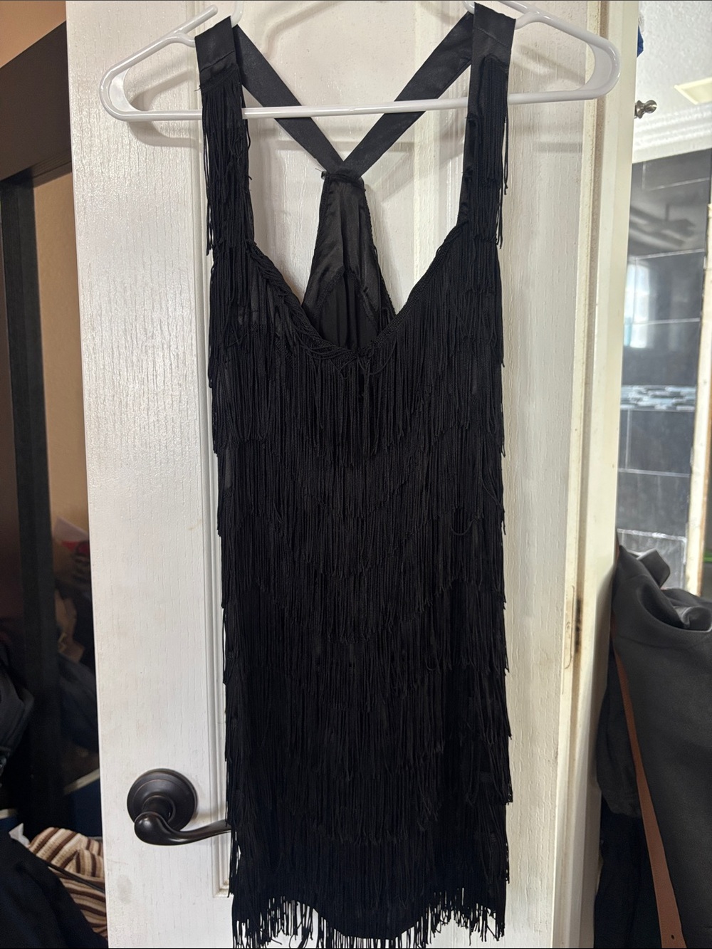 Black Fringe Mini Dress with Racerback